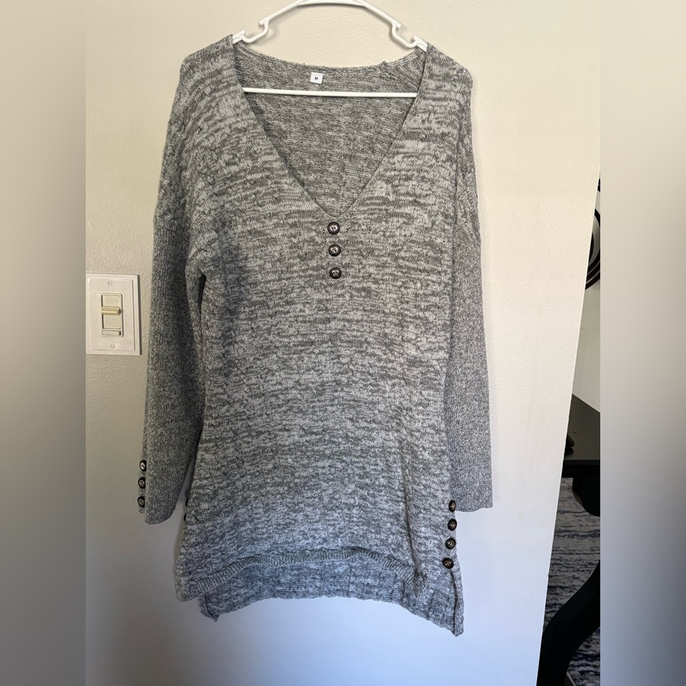 Amazon Gray Marled V-Neck Tunic Sweater with Button Detail